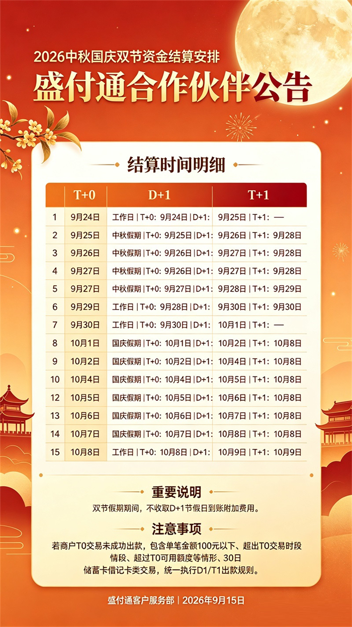 盛付通2026年中秋国庆双节资金结算安排通知-第1张图片-拉卡拉POS机办理